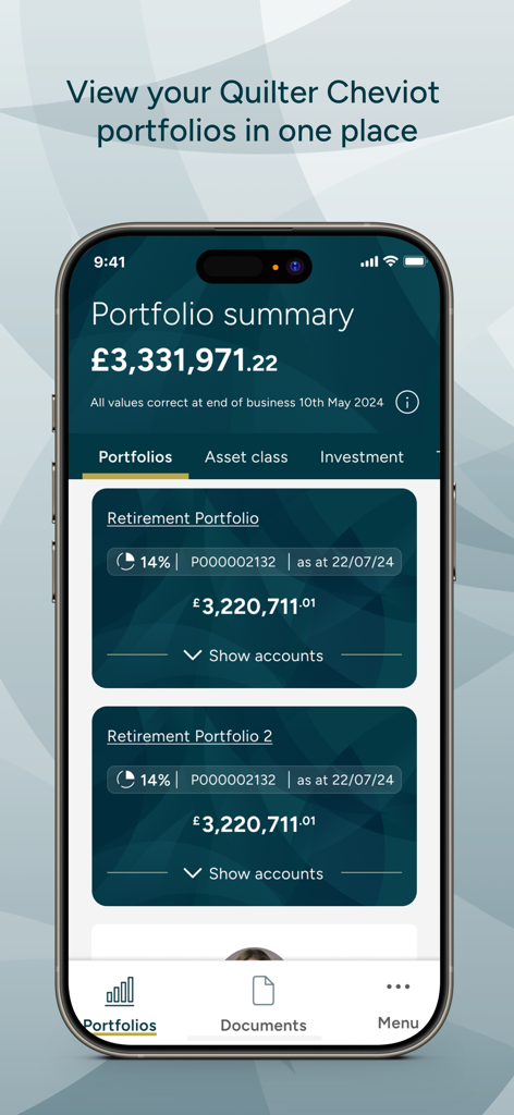 Quilter Cheviot - Quilter Cheviot app portfolio summary screen showing investment values on an iPhone