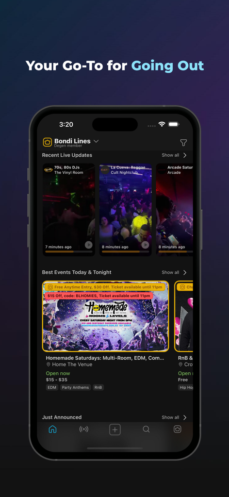 LINES Your Go-To For Going Out - The home screen of the LINES app showing live video updates from clubs and a list of the best upcoming nightlife events