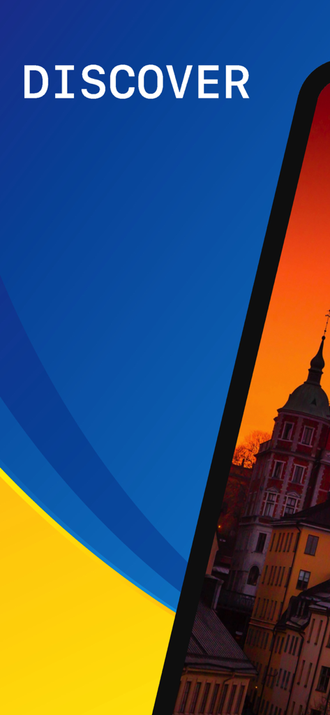 스톡홀름 여행 가이드 앱 화면에 스웨덴 색상과 일몰 시의 역사적인 건물이 있는 'Discover'라는 단어가 표시됩니다.