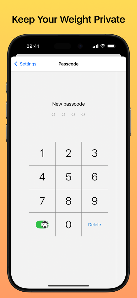 Pantalla de entrada de código de acceso en la aplicación Weight Diary Lite para mayor privacidad y seguridad.