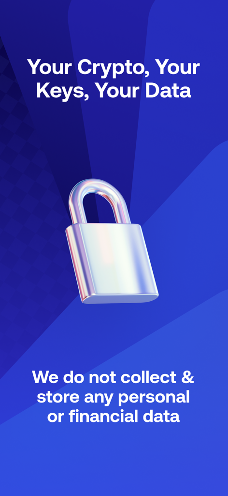A silver padlock icon with text stating Your Crypto Your Keys Your Data and emphasizing privacy.