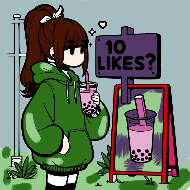 girl with oversized hoodie drinking boba and she has a high ponytail with a sign that says 10likes?
