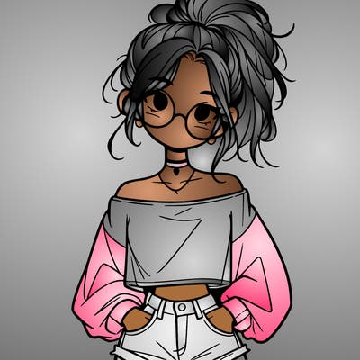 girl with a messy ponytail glasses a baggy crop top and jean shorts