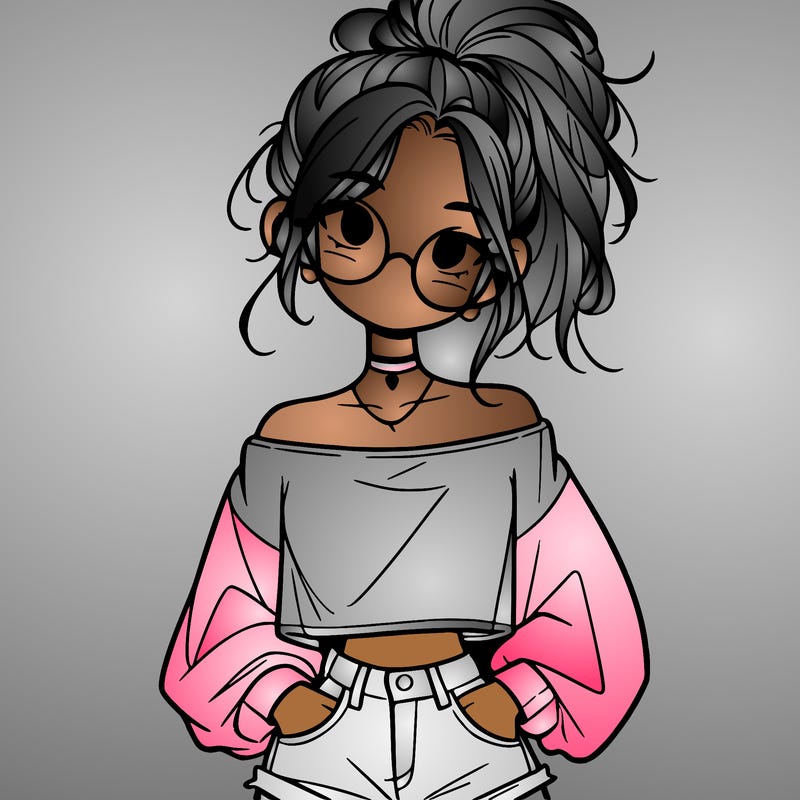 girl with a messy ponytail glasses a baggy crop top and jean shorts