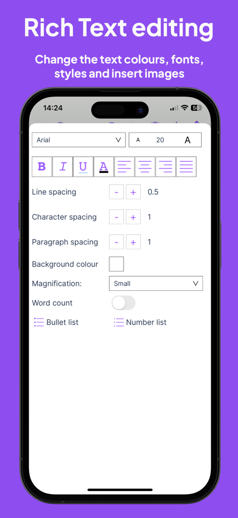 Interfaz de edición de texto enriquecido en la aplicación Read and Write que muestra estilos de fuente y controles de espaciado.