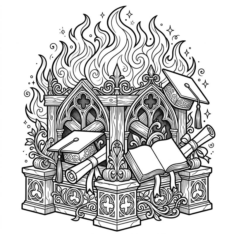 Step into a world where academic achievement meets dark elegance with this unique Gothic Graduation Pyre coloring page. It's the perfect way to commemorate a milestone with a touch of dramatic artistry and intricate detail.