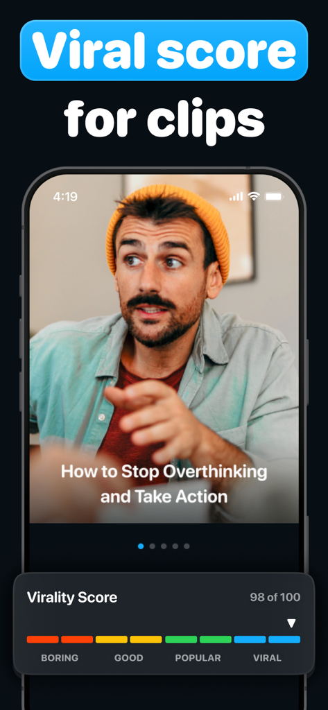 Shortify. Create short clip - Shortify app interface showing a high virality score for a video clip