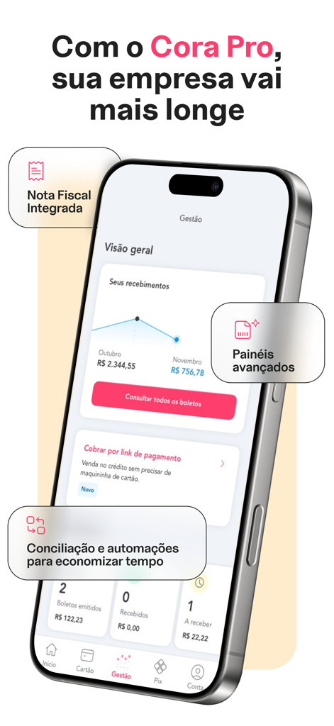 Mobile screen showing Cora Pro business management dashboard and financial automation features