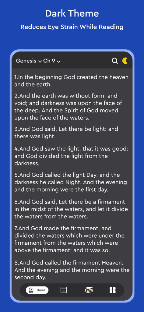 New Jerusalem Bible - NJB - The New Jerusalem Bible app interface displaying Genesis chapter nine in a dark theme to reduce eye strain while reading.