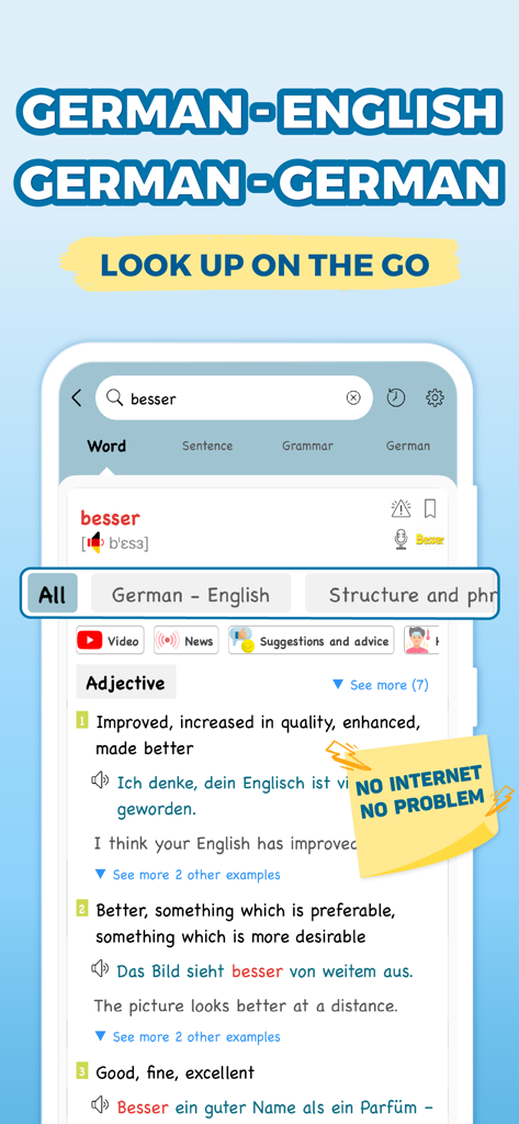 Interface do aplicativo de dicionário alemão-inglês Faztaa mostrando definições de palavras e recurso de pesquisa offline