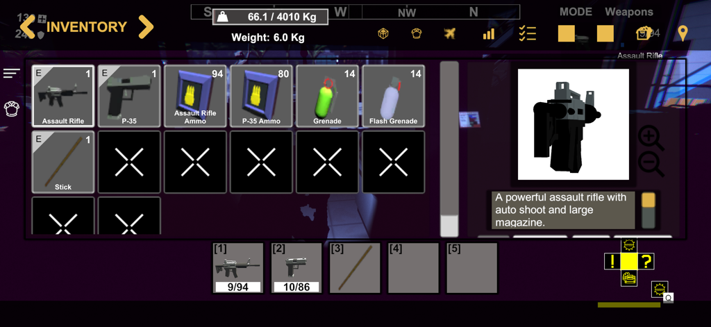 Inventory screen in The Mutiny showing weapons and survival gear like rifles, pistols, and grenades.
