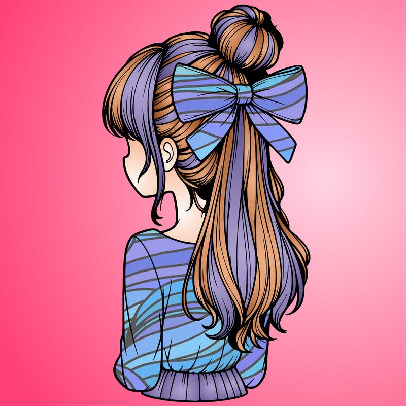 realistic girl  with hip length hair a bun and a big bow on the back of head
