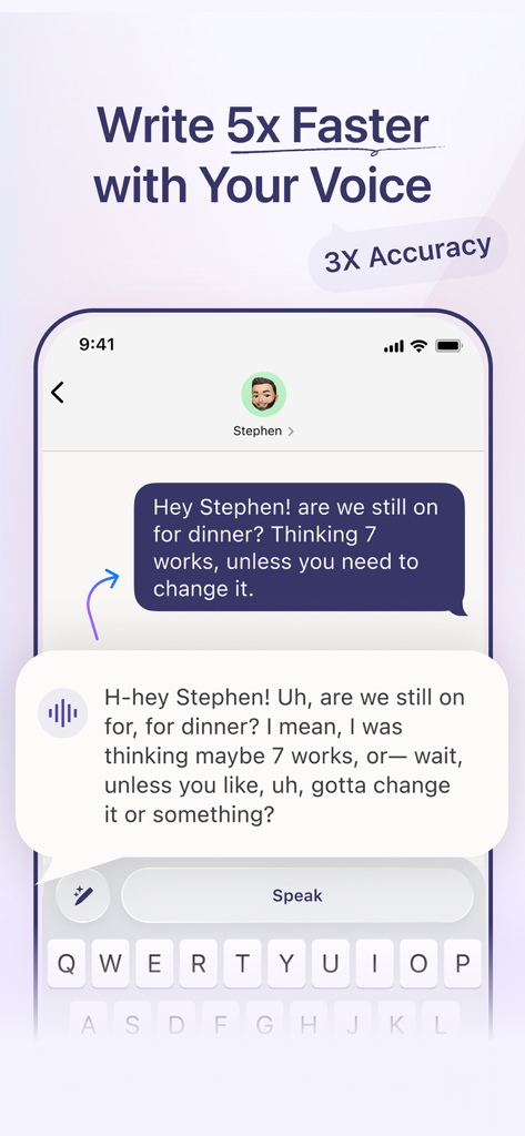 Willow Dictation & AI Keyboard - Ein Vergleich, der eine zusammenhanglose Sprachaufnahme zeigt, die mit der Willow AI-Tastatur in eine klare Textnachricht umgewandelt wird.