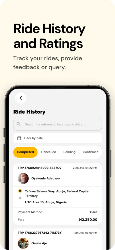 Pantalla de historial de viajes de la aplicación Along que muestra detalles del viaje, información del conductor y tarifas de viajes en Nigeria