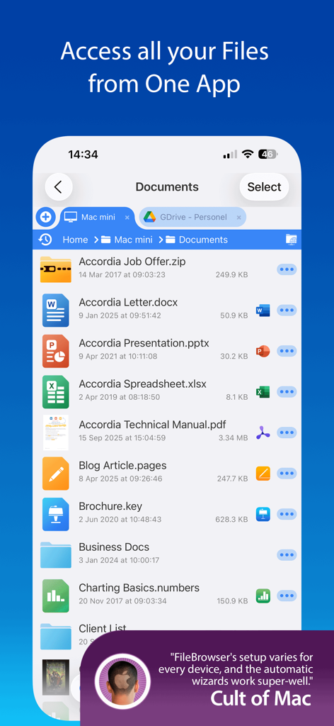 FileBrowser: Documents Manager - Interfaz de la aplicación FileBrowser que muestra una lista de documentos de almacenamiento remoto y en la nube en un iPhone.