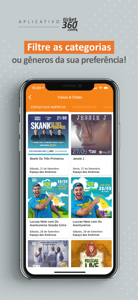 Ticket360 - Smartphone screen showing the Ticket360 app with a list of upcoming concerts and events in Sao Paulo