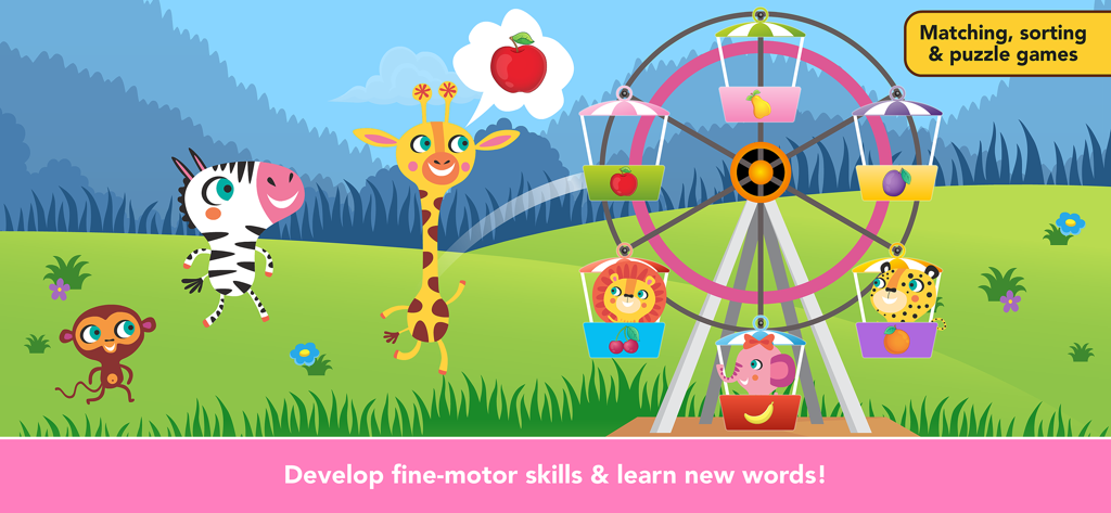 Baby games for one year olds. - Educational game screen with a colorful Ferris wheel where toddlers match animals and fruits to develop fine motor skills.