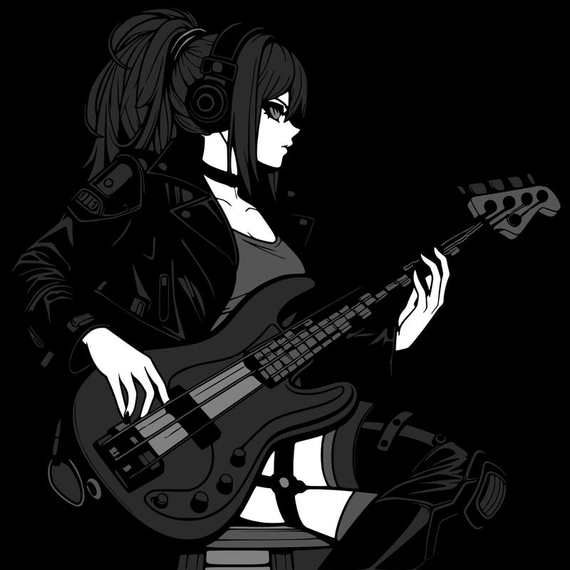 cyberpunk anime femme human in leather with a bass guitar
