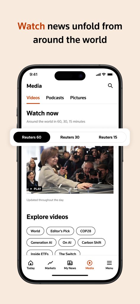 Reuters news app media section showing world news video briefings