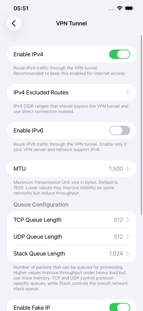Advanced VPN Tunnel configuration screen in the Day8 app showing IPv4 IPv6 MTU and queue length settings