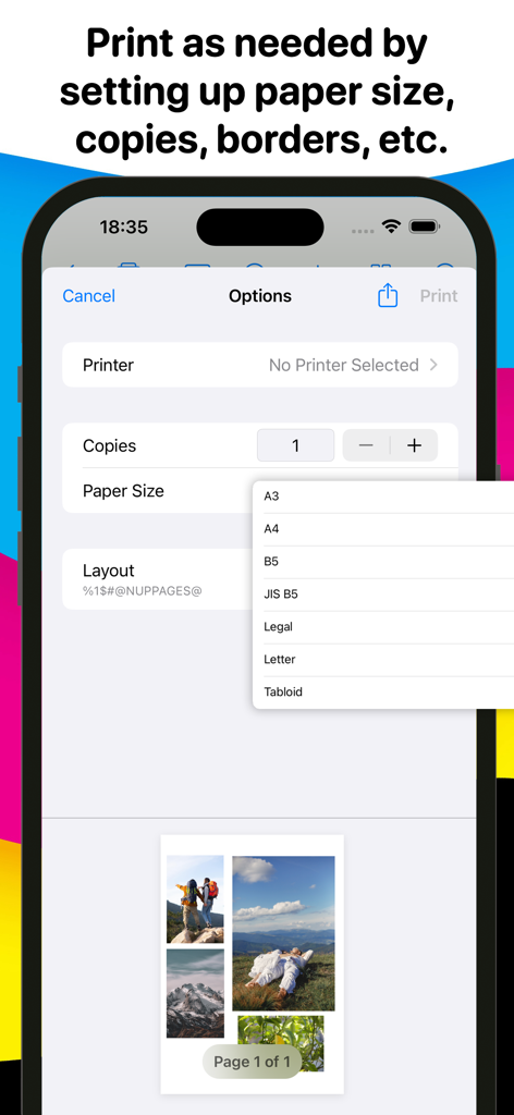Photo Print - Collage & Resize - Tela do smartphone mostrando opções de impressão e menu de tamanho de papel para uma colagem de fotos.