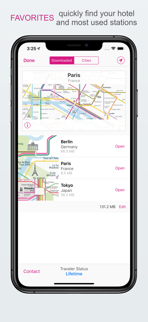 City Rail Map - Travel Offline - Screenshot of the City Rail Map app showing a list of downloaded offline subway maps for Berlin, Paris, and Tokyo.