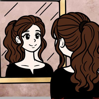 a woman looks at her reflection in the mirror