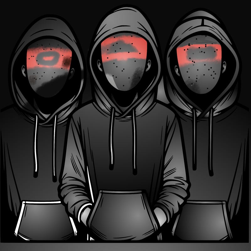 3 faceless people in  hoodies