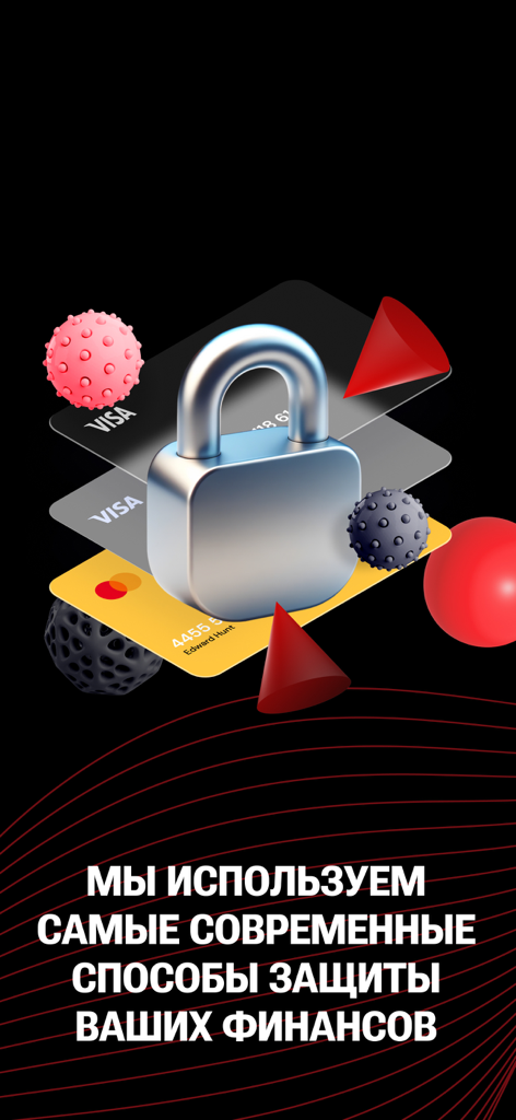 Optima24 - A large silver padlock over stacked credit cards representing advanced financial security in the Optima24 banking app