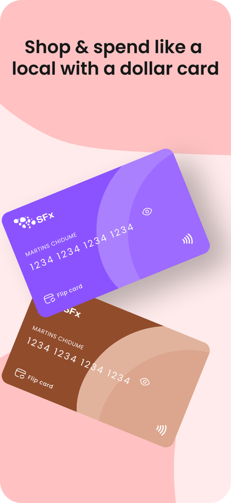 SFx Money App - SFx Money App interface showing virtual US dollar cards for international spending