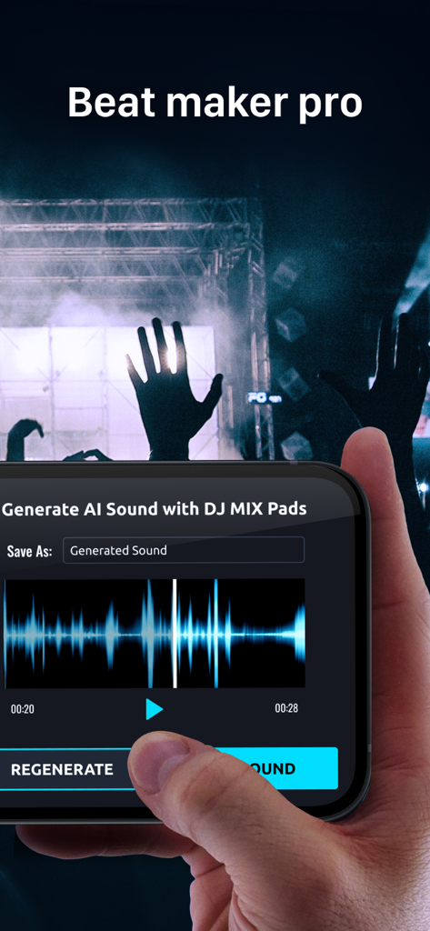 Smartphone screen showing the AI sound generation feature of the DJ Mix Pads 2 app