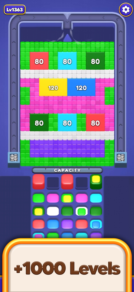 Bounce Blast 3D - A gameplay screenshot of Bounce Blast 3D showing a colorful puzzle level with jelly blocks and a text overlay indicating over 1000 levels