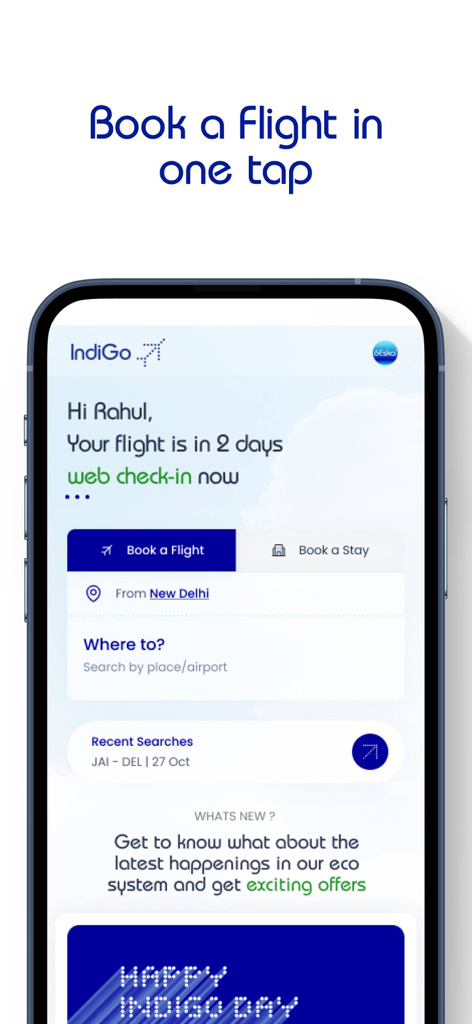 Schermata principale dell'app di prenotazione voli IndiGo con opzioni di ricerca voli e web check-in