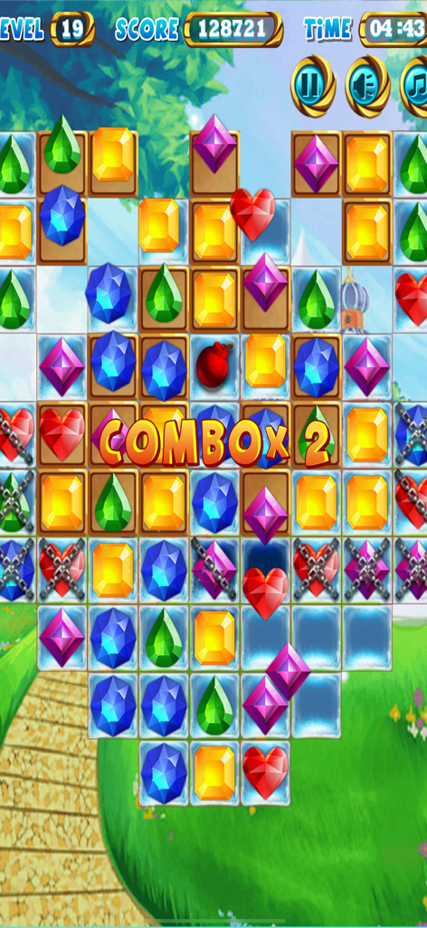 Jewel Poping Mania - Gameplay de Jewel Poping Mania que muestra gemas coloridas y un mensaje de combo en un tablero de rompecabezas match 3