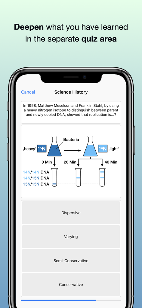 Codon One: Learning Biology - A screenshot of the Codon One app showing an interactive biology quiz about DNA replication and the Meselson-Stahl experiment.