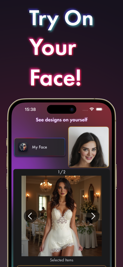 Fashion Mind: AI Designer - A mobile app interface showing a face swap feature where a user's face is applied to an AI-generated fashion model wearing a white dress.