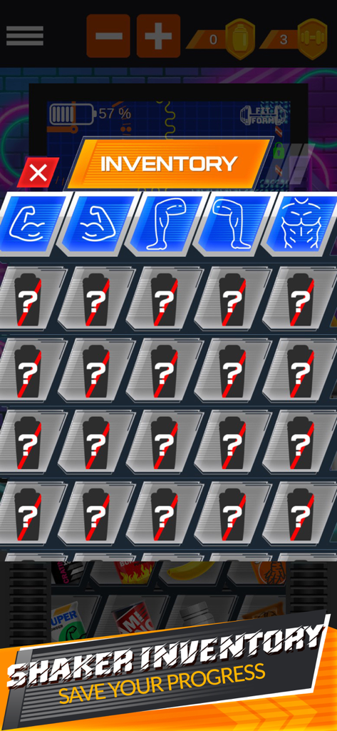 Menú de inventario de shakers en After Gym Simulator que muestra recetas de crecimiento muscular y ranuras de objetos bloqueadas