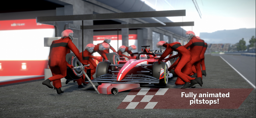 Ala Mobile - A red and white Formula 1 car undergoing an animated pit stop with a pit crew in Ala Mobile.