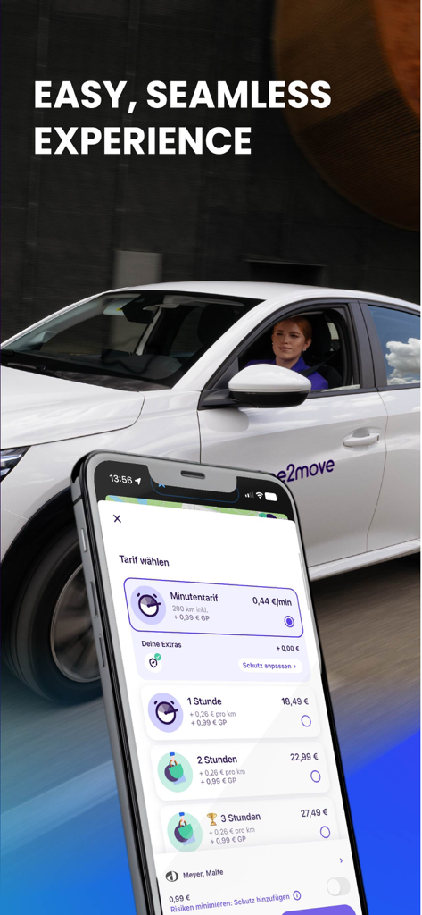 A smartphone displaying the Free2move app pricing interface in front of a woman driving a branded car.