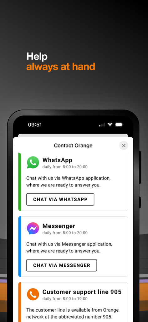 Moj Orange app screen showing contact options via WhatsApp Messenger and phone support