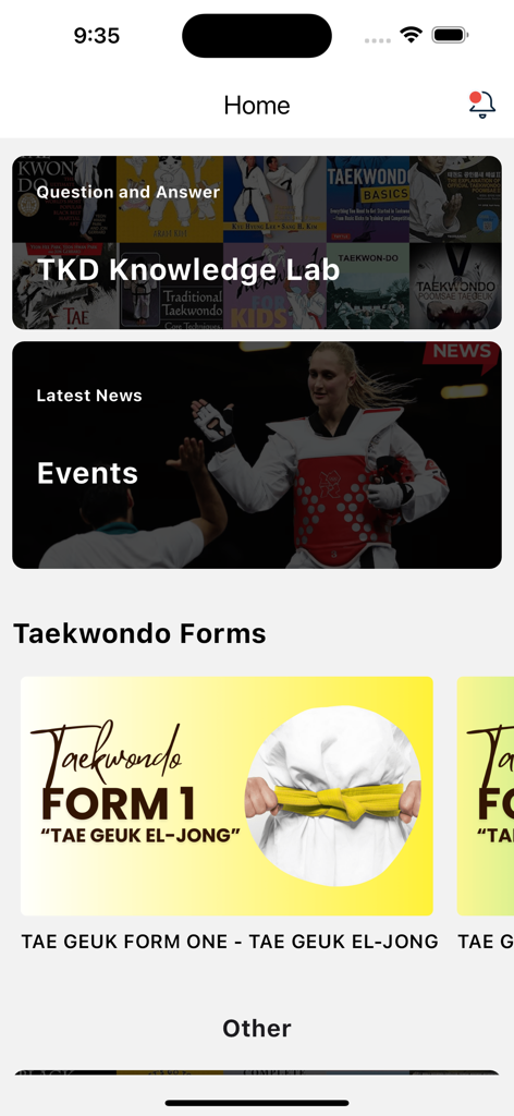 Taekwondo School - The home screen of the Taekwondo School app featuring TKD Knowledge Lab, latest news events and Tae Geuk forms