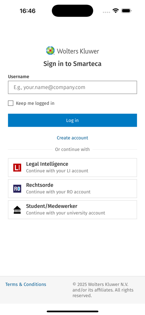 Pantalla de inicio de sesión de la aplicación Smarteca NL de Wolters Kluwer con varias opciones de inicio de sesión de cuentas profesionales
