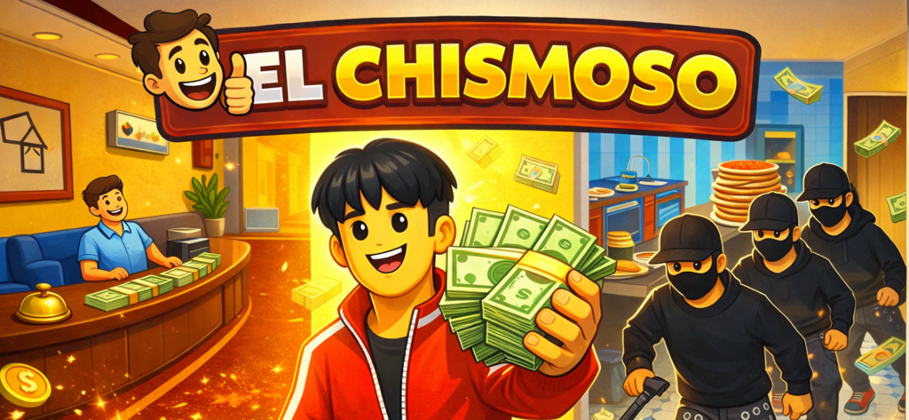 Arte promocional del juego móvil El Chismoso que muestra al personaje principal sosteniendo efectivo frente a una recepción de hotel y una escena de cocina