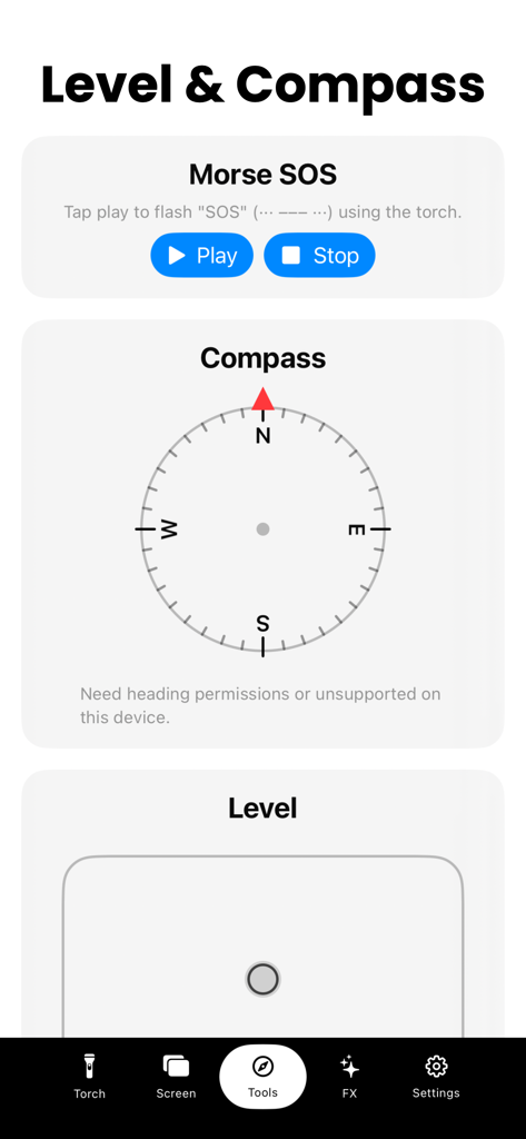 Flashlight - Bright LED Torch - MorseTorch App-Oberfläche mit Morse-SOS-Signal-Tasten, einem digitalen Kompass und einer Wasserwaage.