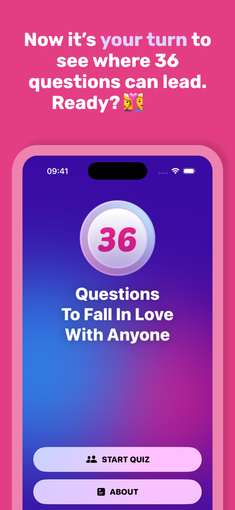 36 Questions To Fall In Love! - Pantalla de inicio de la aplicación 36 Questions To Fall In Love con un botón para iniciar el cuestionario y un fondo degradado de morado a azul.