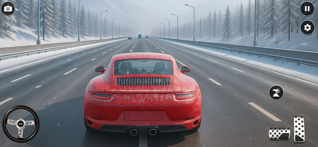 Highway Car Racing Games 2025 - Red sports car driving on a snowy highway in a mobile racing simulation