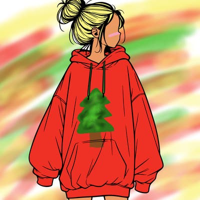 realistic girl with a oversized sweatshirt on and a bun