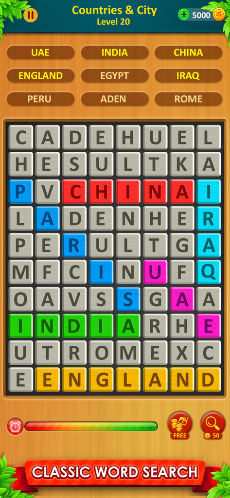 Word Game 2026: Word Connect - A colorful word search puzzle grid from the Word Game 2026 app showing found names of countries.