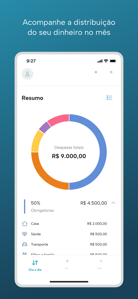 Dashplan - Dashplan app monthly budget summary screen with a donut chart displaying total expenses and category breakdown.