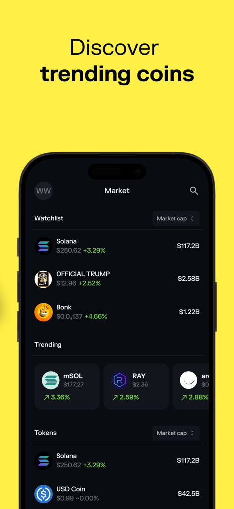 Solflare - Solana Wallet - Solflareアプリのモバイル画面。トレンドの仮想通貨コインと市場データが表示されています。